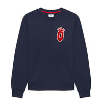 crewneck sweatshirt with red chenille "Q" and crown patch on the left chest, representing Queens Country Club.