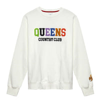 crewneck sweatshirt with multicolor terry chenille “QUEENS” lettering, “Country Club” embroidery, and a squirrel patch on the sleeve.