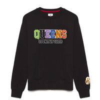 crewneck sweatshirt with multicolor terry chenille “QUEENS” lettering, “Country Club” embroidery, and a squirrel patch on the sleeve.