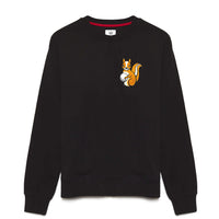 crewneck sweatshirt featuring an Chenille embroidered patch of the Queens Country Club squirrel mascot holding a golf ball on the left chest. Simple and playful design