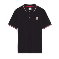 Black polo shirt with red QCC crest and striped collar and sleeves Lifestyle Polo T Shirts