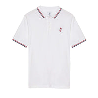 White polo shirt with red crowned “Q” embroidery and contrast trim