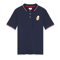 vy men’s polo shirt featuring embroidered squirrel holding golf ball on left chest