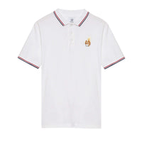 white men’s polo shirt with signature squirrel embroidery patch and red/white/black collar trim.