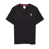 Black QCC crewneck T-shirt featuring red crown Q logo patch on chest and red piping inside the collar