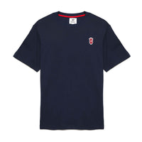 Navy cotton T-shirt by Queens Country Club with signature red Q crest and red collar lining