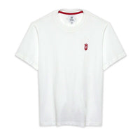 White QCC crewneck T-shirt with red embroidered crown Q patch on left chest and red interior collar piping