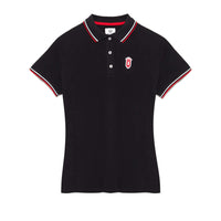 Women's Black polo shirt with red and white QCC crest patch and contrast tipped colla