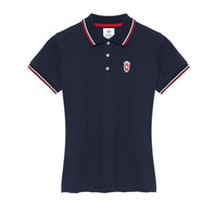 Fine quality pique jersey Polo-Women's navy polo shirt with red and white QCC crest patch and contrast tipped colla