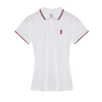 Women's white pique polo shirt with red crown QCC crest and contrast striped trims