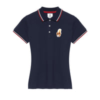 white women’s polo shirt with squirrel mascot embroidery and contrast collar trim