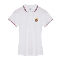 white women’s polo shirt with squirrel mascot embroidery and contrast collar trim