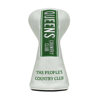 White golf driver headcover featuring a vertical green "Queens Country Club" street sign–style patch and embroidered text reading "The People’s Country Club" at the bottom