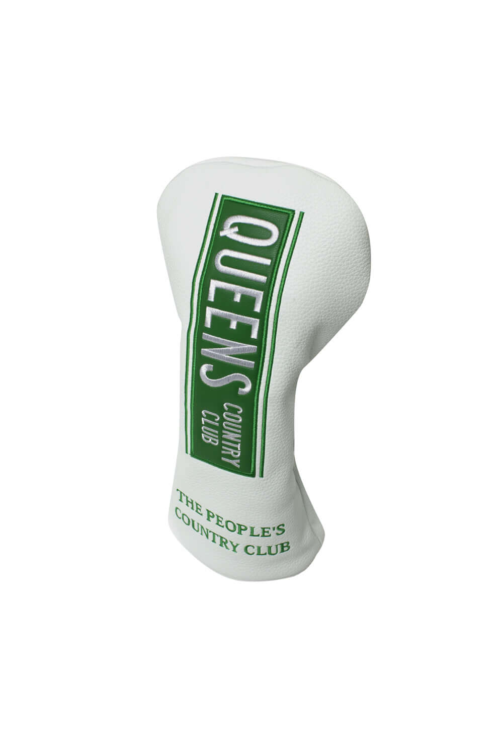 White golf driver headcover featuring a vertical green "Queens Country Club" street sign–style patch and embroidered text reading "The People’s Country Club" at the bottom
