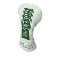 White golf driver headcover featuring a vertical green "Queens Country Club" street sign–style patch and embroidered text reading "The People’s Country Club" at the bottom