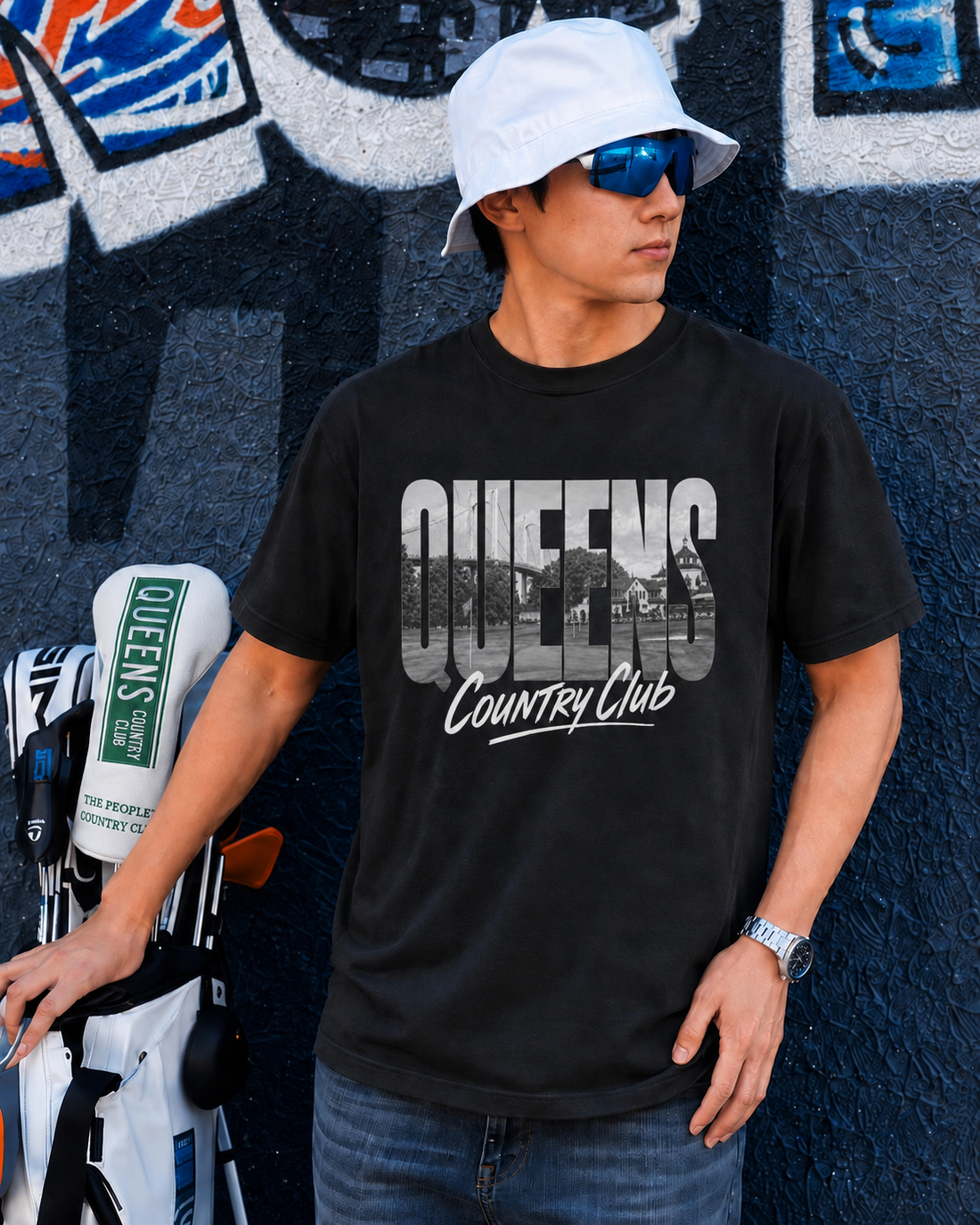 Queens Muni Vista Tee — Black & White — product view | Queens Country Club