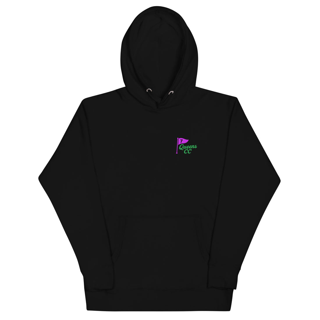 hoodie with QCC chest flag and bold back graphic. “The City’s Country Club” slogan repping NYC golf pride and everyday borough lifestyle.

