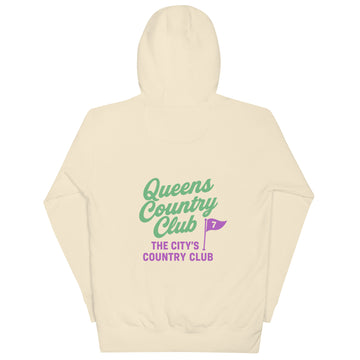 Beige hoodie with 'Queens Country Club' text and logo on a white background