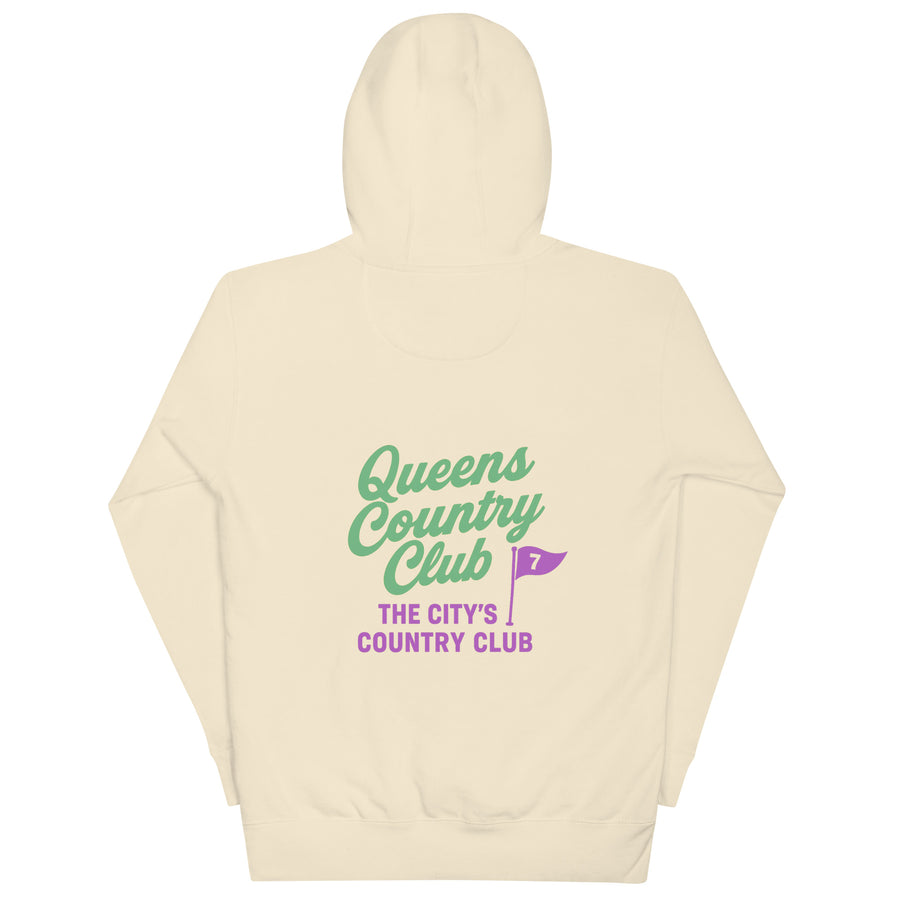 Beige hoodie with 'Queens Country Club' text and logo on a white background