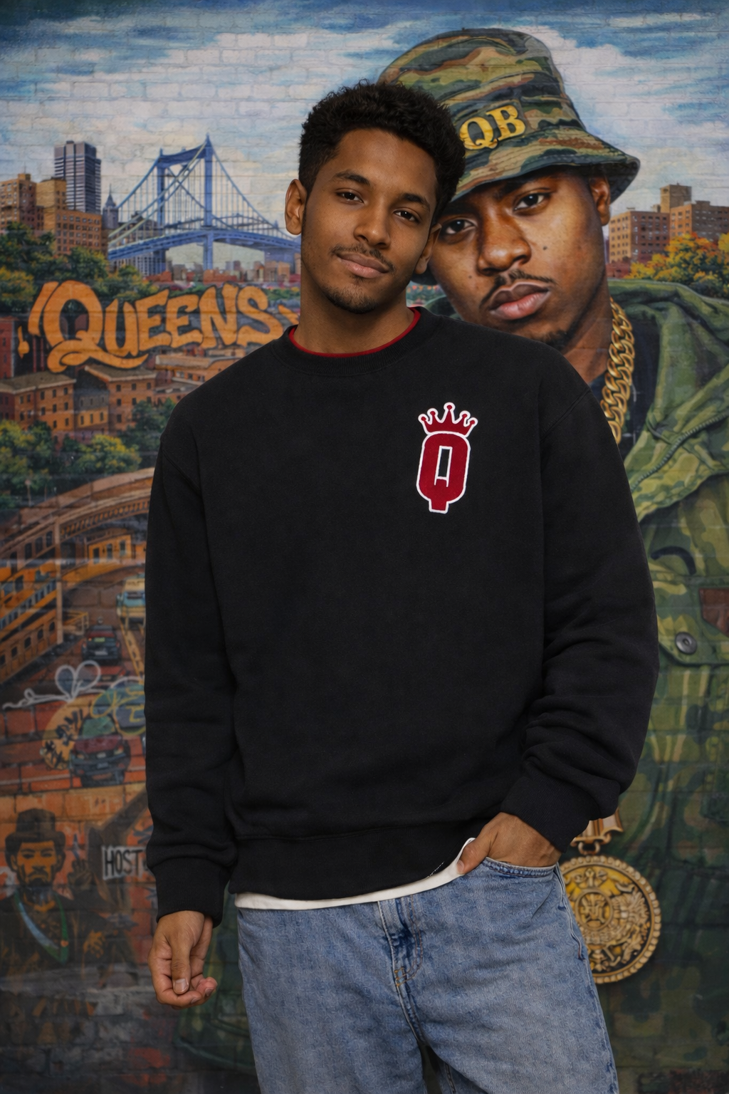 Two men standing in front of a colorful NAS Queens mural 
