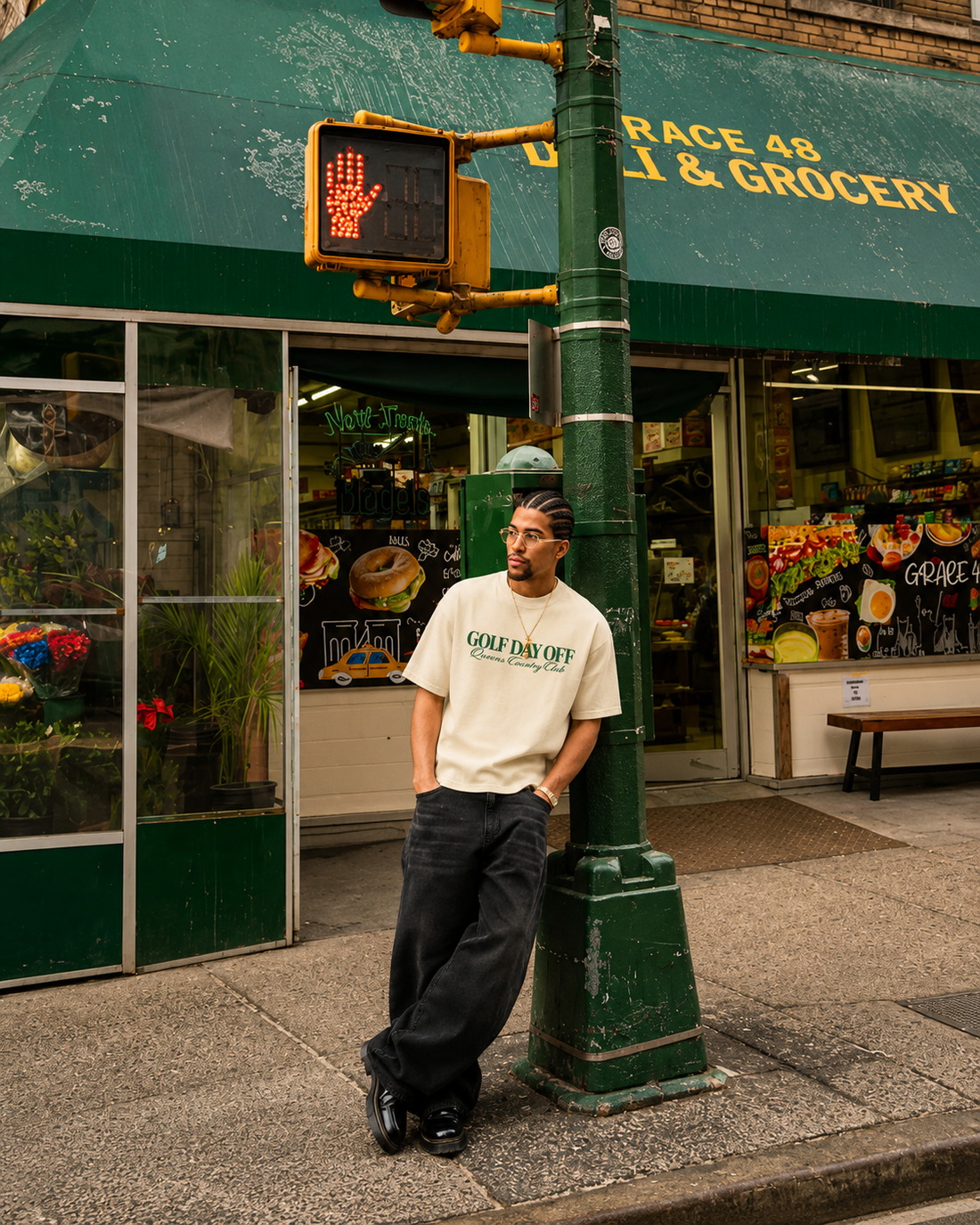 Man standing under a green awning with a store sign in the background