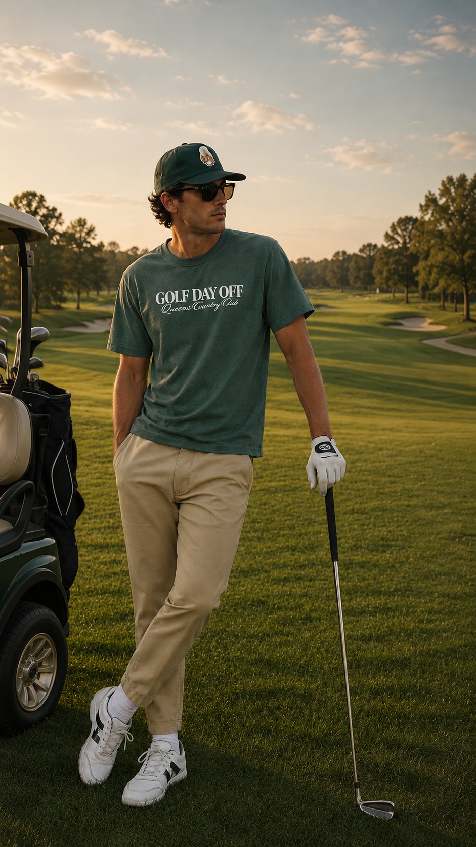 Man on a golf course wearing a green t-shirt with 'Golf Day Off' text, holding a golf club.