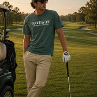 Man on a golf course wearing a green t-shirt with 'Golf Day Off' text, holding a golf club.