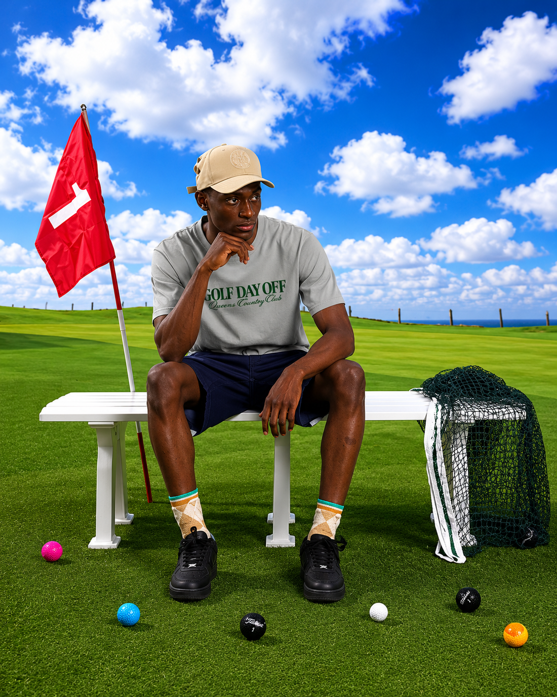 Man sitting on a golf course bench with golf balls and equipment around, under a blue sky.