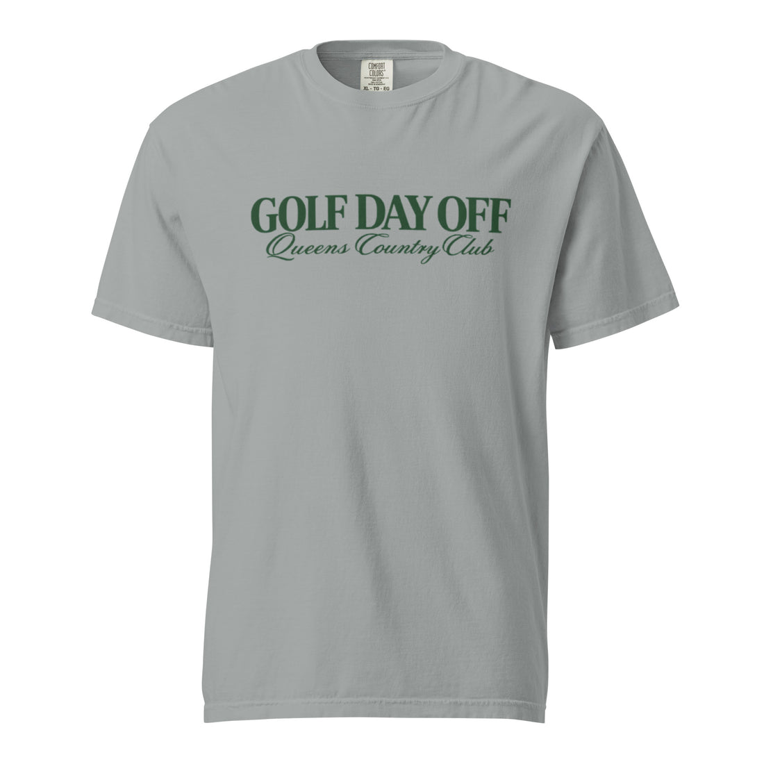   Golf Day Off Tee featuring green vintage inspired Queens Country Club graphic on a garment-dyed heavyweight t-shirt.