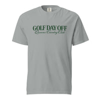   Golf Day Off Tee featuring green vintage inspired Queens Country Club graphic on a garment-dyed heavyweight t-shirt.