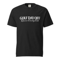   Golf Day Off Tee featuring white vintage inspired Queens Country Club graphic on a garment-dyed heavyweight t-shirt.