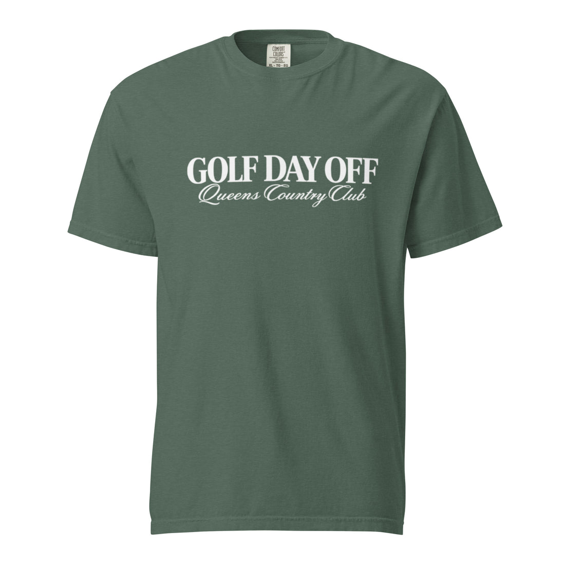   Golf Day Off Tee featuring white f-inspired Queens Country Club graphic on a garment-dyed heavyweight t-shirt.