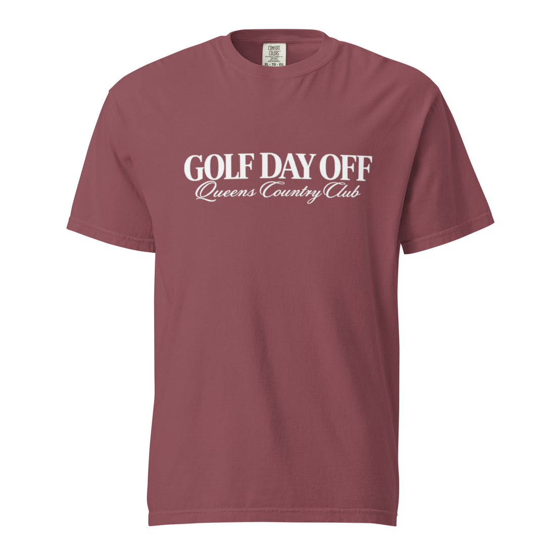   Golf Day Off Tee featuring white f-inspired Queens Country Club graphic on a garment-dyed heavyweight t-shirt.