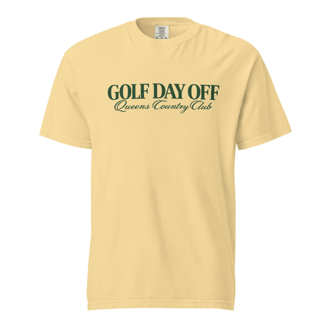    Golf Day Off Tee featuring green vintage inspired Queens Country Club graphic on a garment-dyed heavyweight t-shirt.