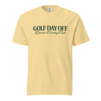    Golf Day Off Tee featuring green vintage inspired Queens Country Club graphic on a garment-dyed heavyweight t-shirt.