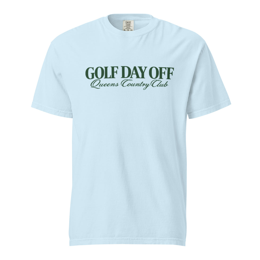    Golf Day Off Tee featuring green vintage inspired Queens Country Club graphic on a garment-dyed heavyweight t-shirt.