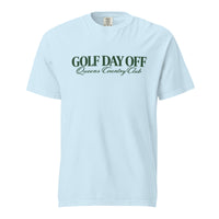    Golf Day Off Tee featuring green vintage inspired Queens Country Club graphic on a garment-dyed heavyweight t-shirt.