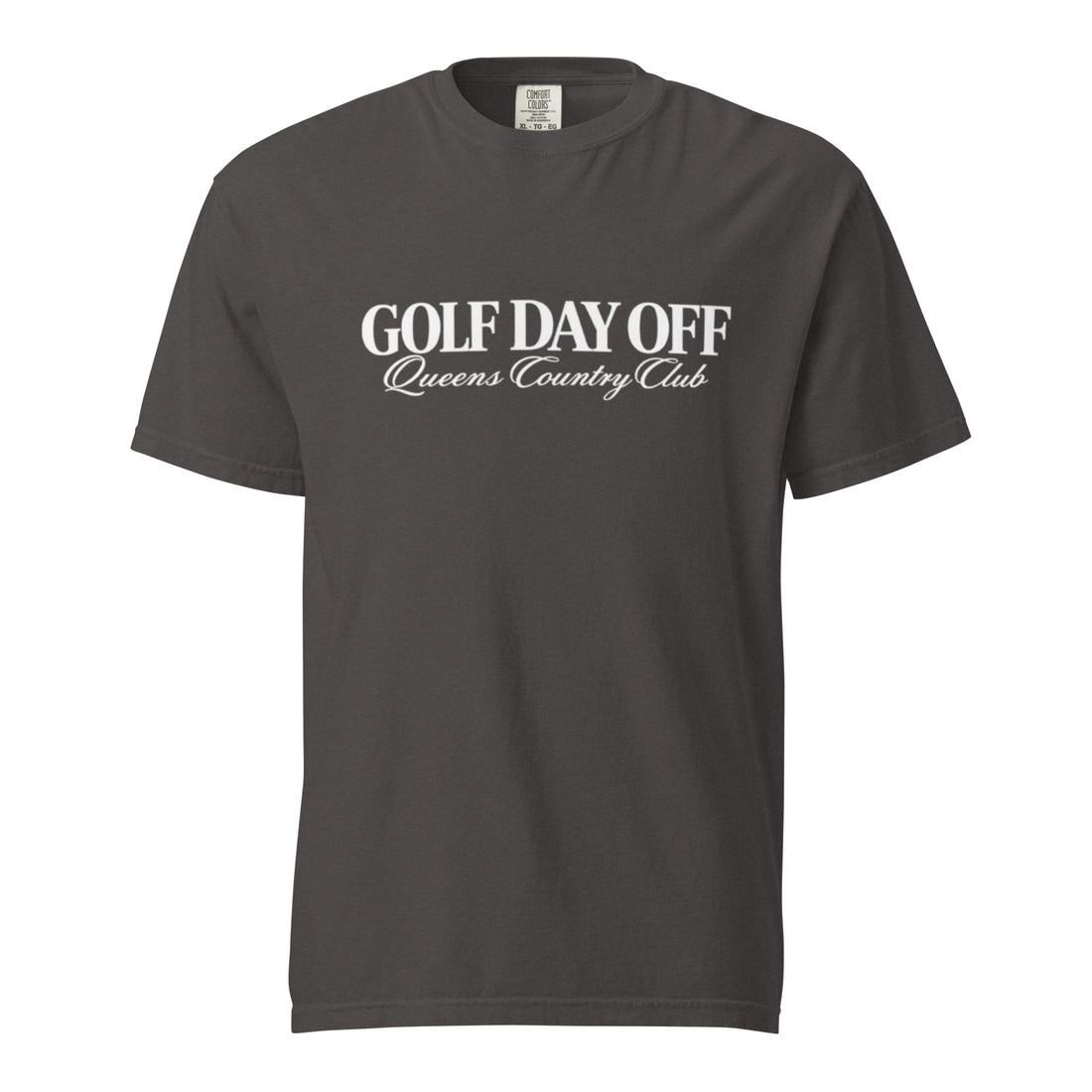   Golf Day Off Tee featuring white  vintage inspired Queens Country Club graphic on a garment-dyed heavyweight t-shirt.