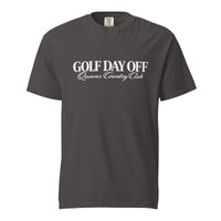   Golf Day Off Tee featuring white  vintage inspired Queens Country Club graphic on a garment-dyed heavyweight t-shirt.
