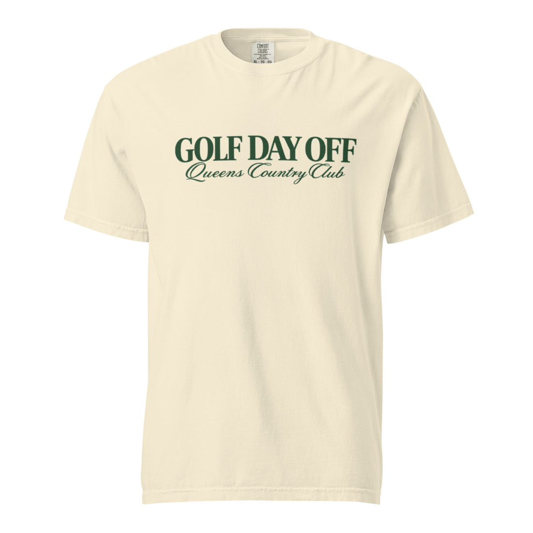    Golf Day Off Tee featuring green vintage inspired Queens Country Club graphic on a garment-dyed heavyweight t-shirt.