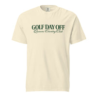    Golf Day Off Tee featuring green vintage inspired Queens Country Club graphic on a garment-dyed heavyweight t-shirt.