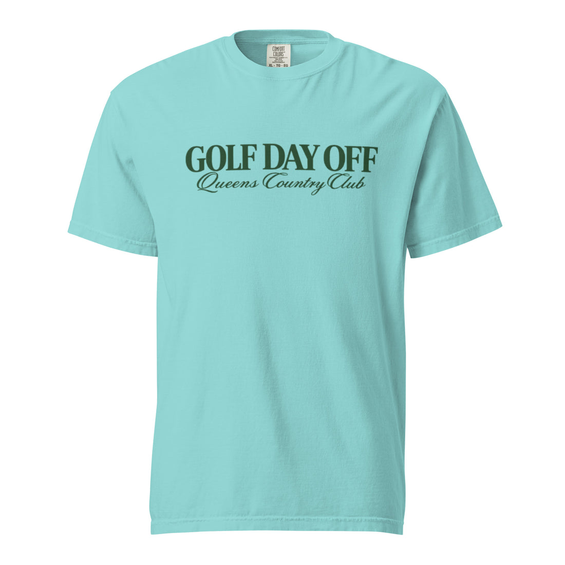    Golf Day Off Tee featuring green vintage inspired Queens Country Club graphic on a garment-dyed heavyweight t-shirt.