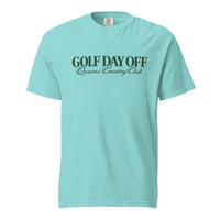    Golf Day Off Tee featuring green vintage inspired Queens Country Club graphic on a garment-dyed heavyweight t-shirt.