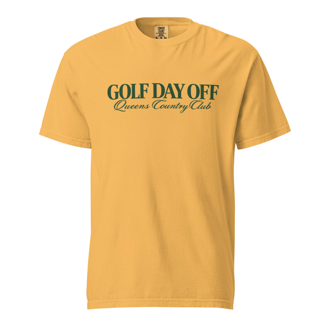    Golf Day Off Tee featuring green vintage inspired Queens Country Club graphic on a garment-dyed heavyweight t-shirt.