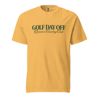    Golf Day Off Tee featuring green vintage inspired Queens Country Club graphic on a garment-dyed heavyweight t-shirt.