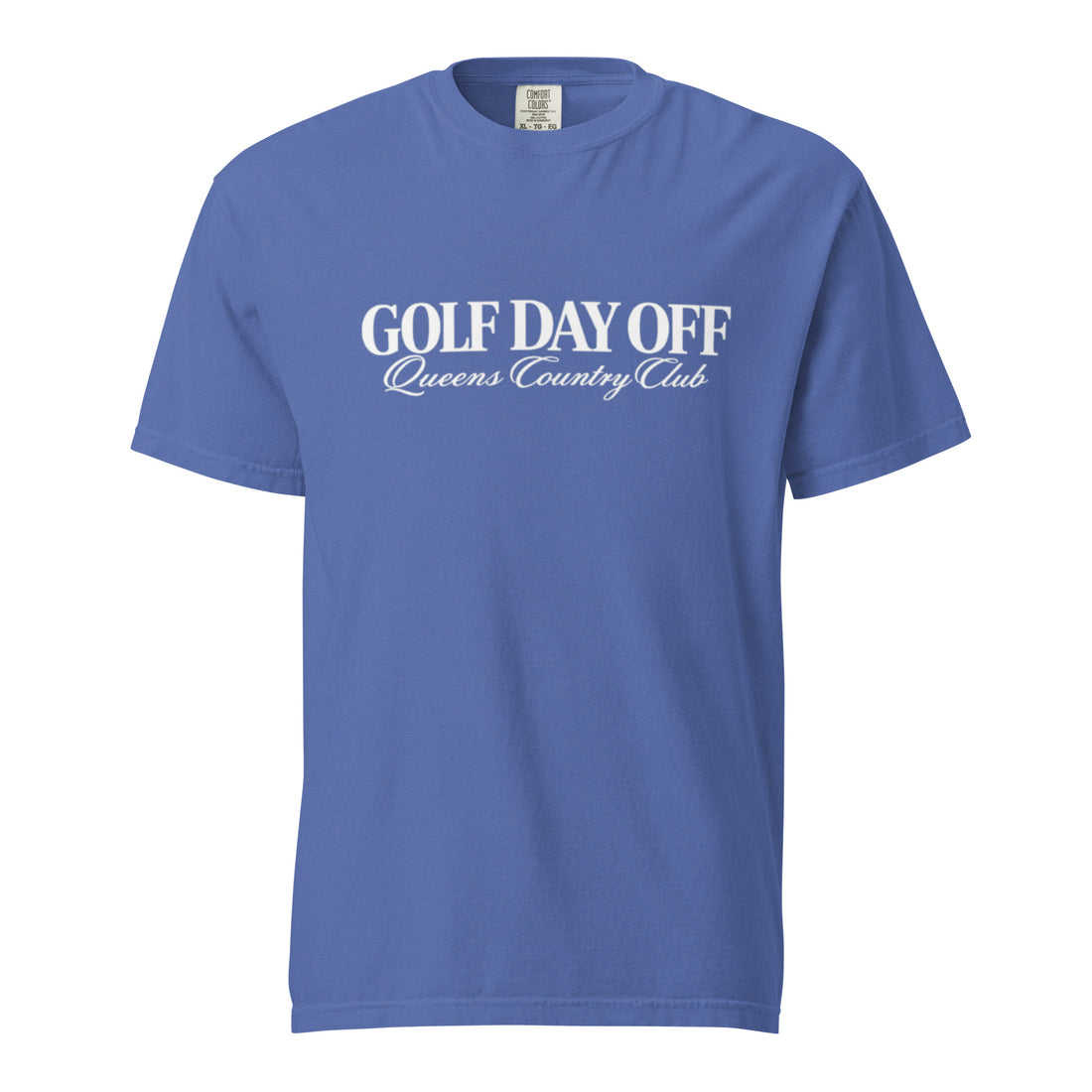 Blue t-shirt with 'GOLF DAY OFF Queens Country Club' text on a white background