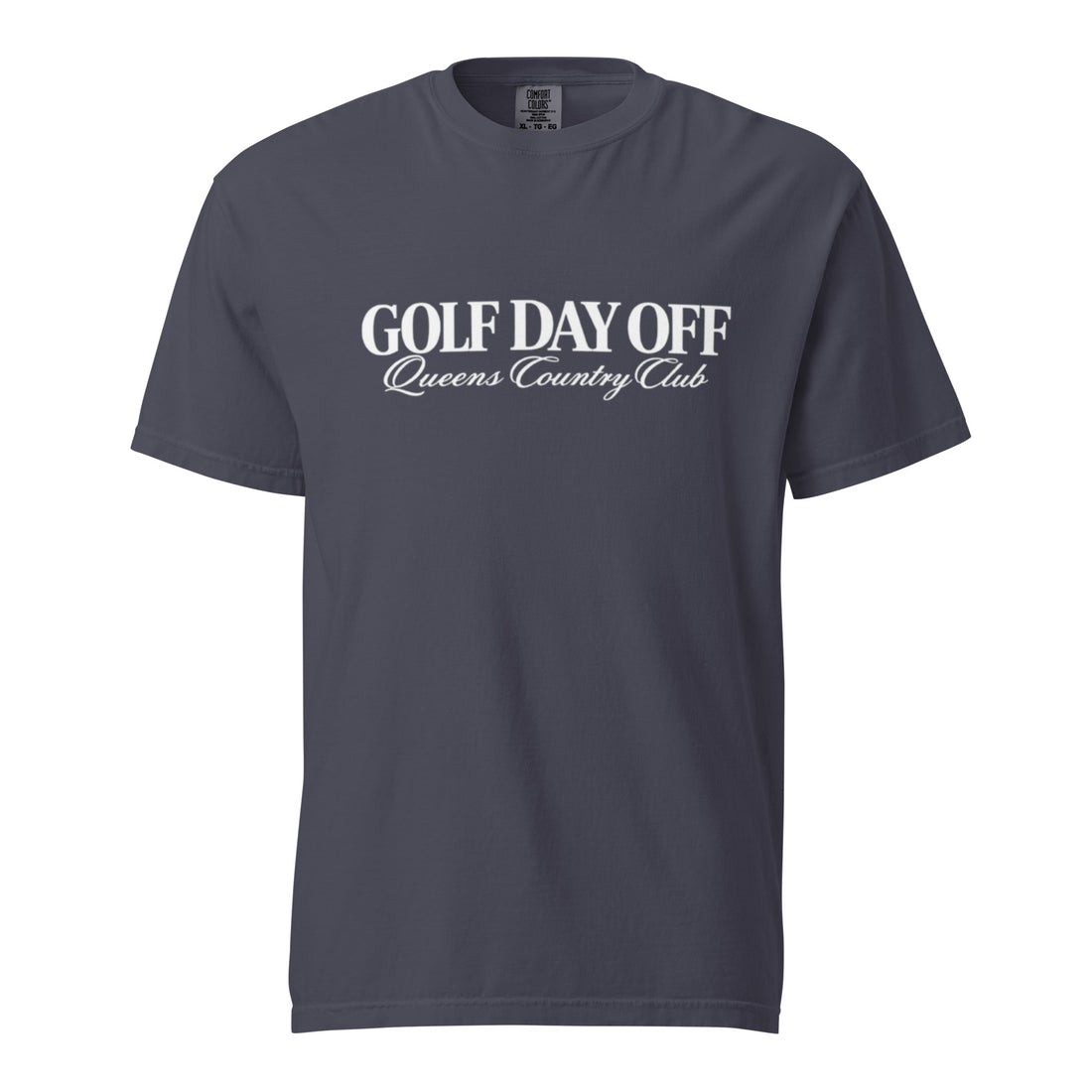   Golf Day Off Tee featuring white  vintage inspired Queens Country Club graphic on a garment-dyed heavyweight t-shirt.