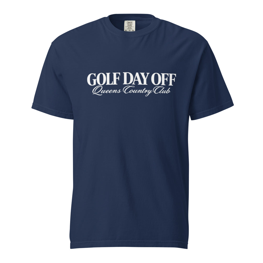  Golf Day Off Tee featuring white vintage inspired Queens Country Club graphic on a garment-dyed heavyweight t-shirt.