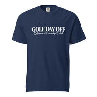  Golf Day Off Tee featuring white vintage inspired Queens Country Club graphic on a garment-dyed heavyweight t-shirt.