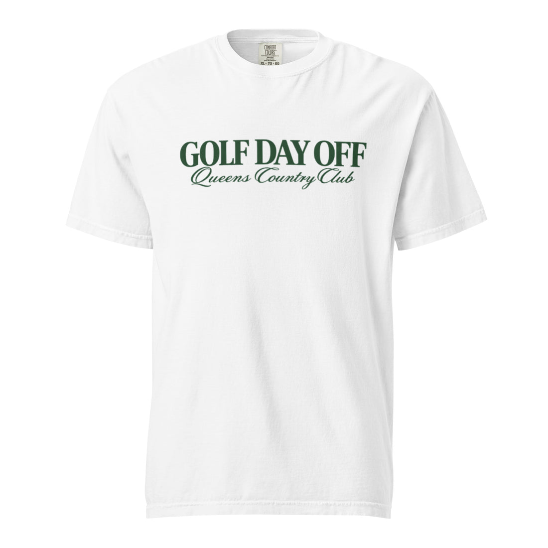    Golf Day Off Tee featuring green vintage inspired Queens Country Club graphic on a garment-dyed heavyweight t-shirt.
